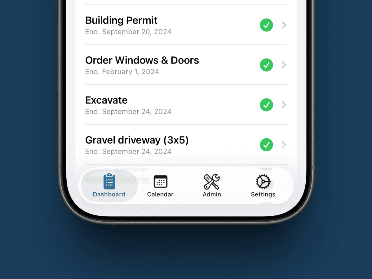 BuildStep native iOS interface with bottom navigation