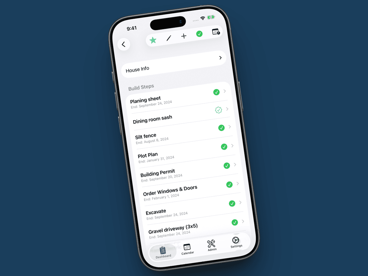 BuildStep Build Steps and House Info screen