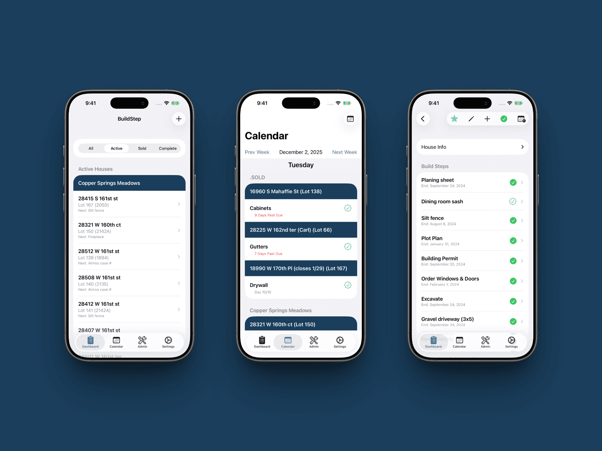 BuildStep app showing Dashboard, Calendar, and Build Steps views